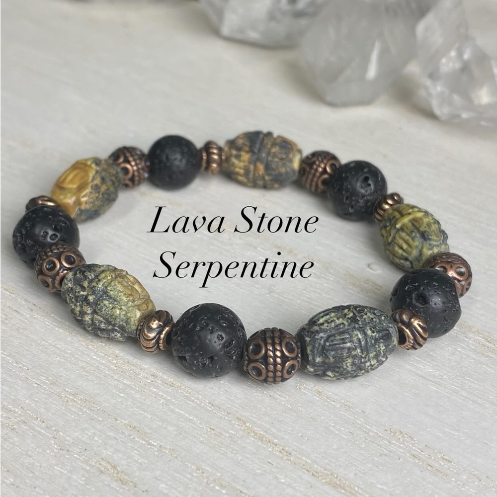 Lava Stone and Etched Serpentine Gemstone Stretch Bracelet